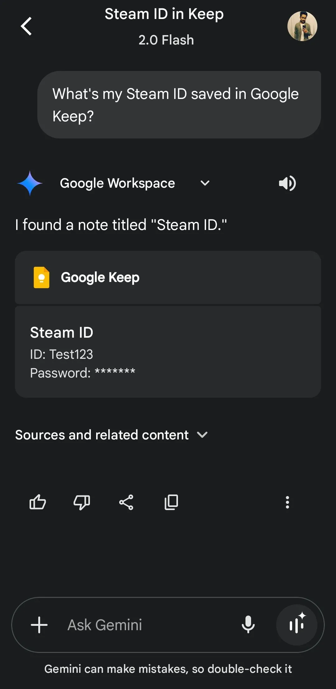 Google Gemini truy xuất thông tin về Steam ID từ Google Keep
