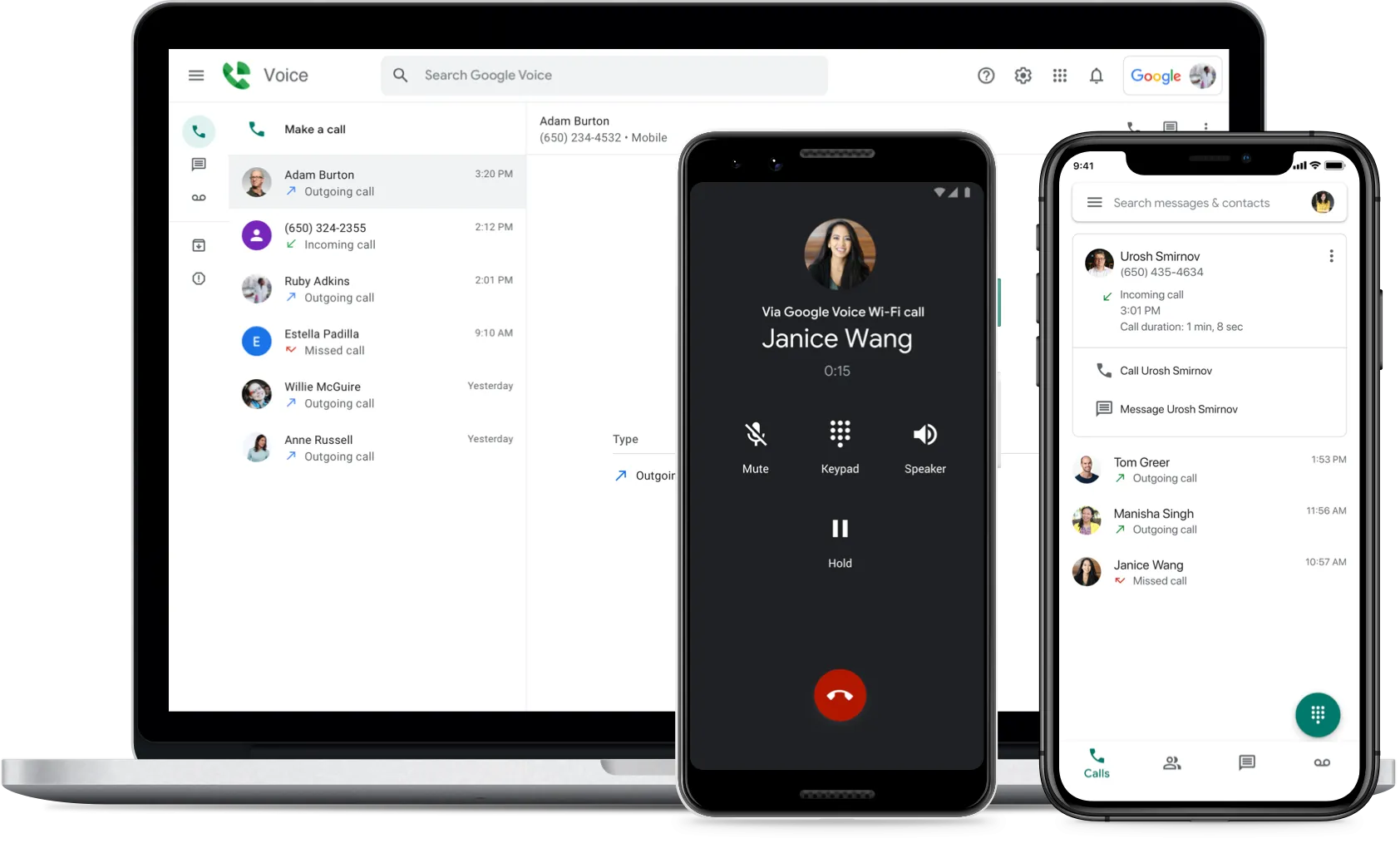 Google Voice trên nhiều thiết bị hiển thị tính năng gọi điện và nhắn tin