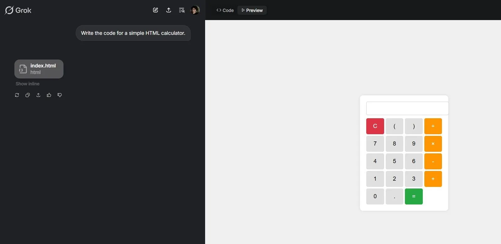 Grok Studio xem trước mã HTML được tạo từ Grok AI