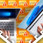 Hai laptop chạy Windows 10 và Windows 11 cùng các biểu tượng file nén bị lỗi, minh họa rủi ro mất dữ liệu sao lưu.