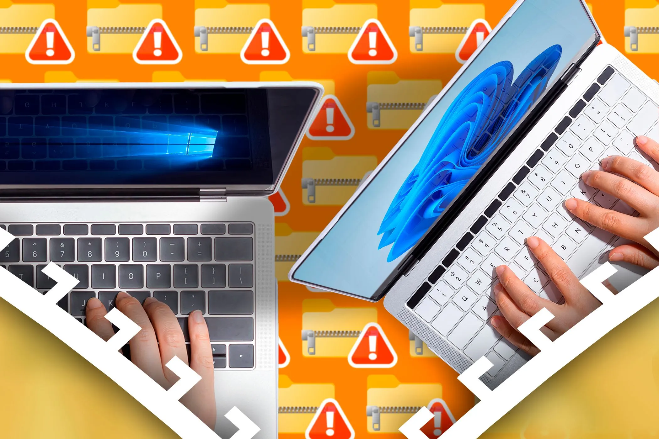 Hai laptop chạy Windows 10 và Windows 11 cùng các biểu tượng file nén bị lỗi, minh họa rủi ro mất dữ liệu sao lưu.