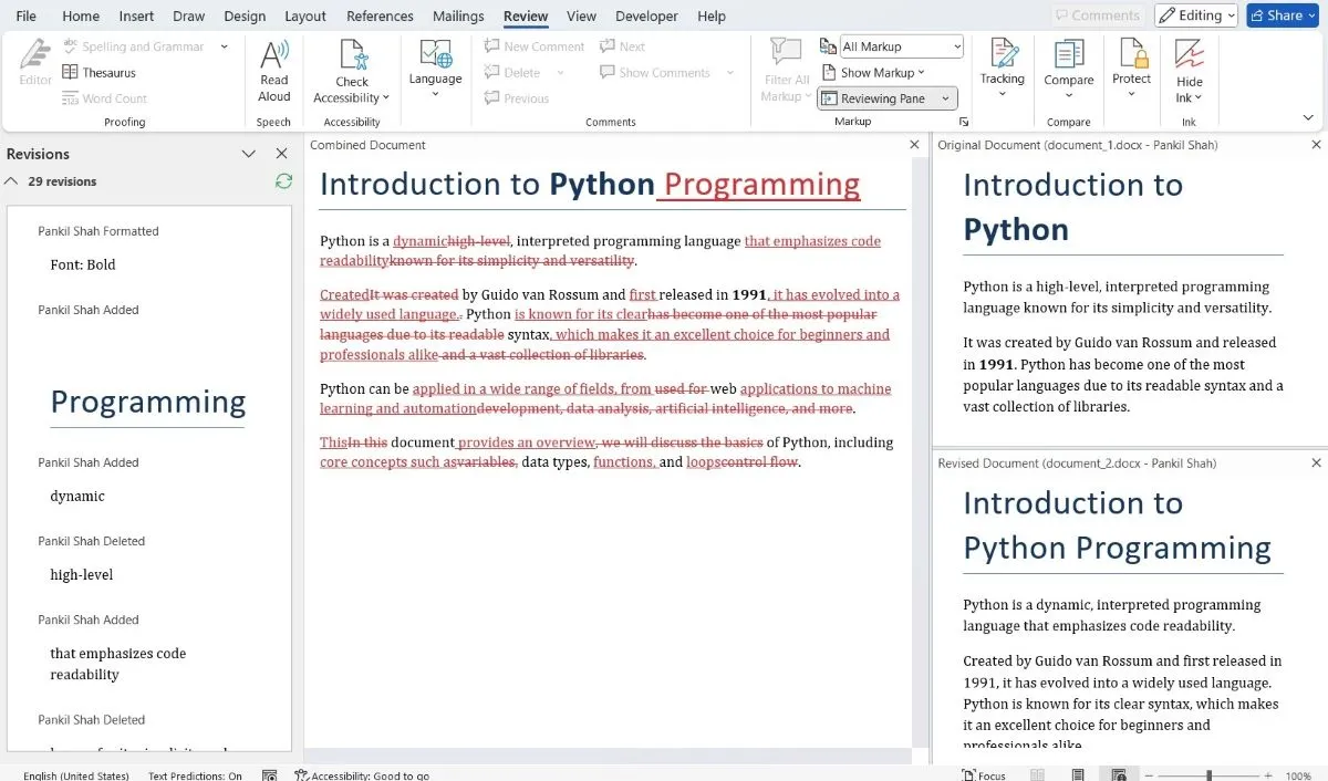 Hai tài liệu Python được so sánh trong Microsoft Word