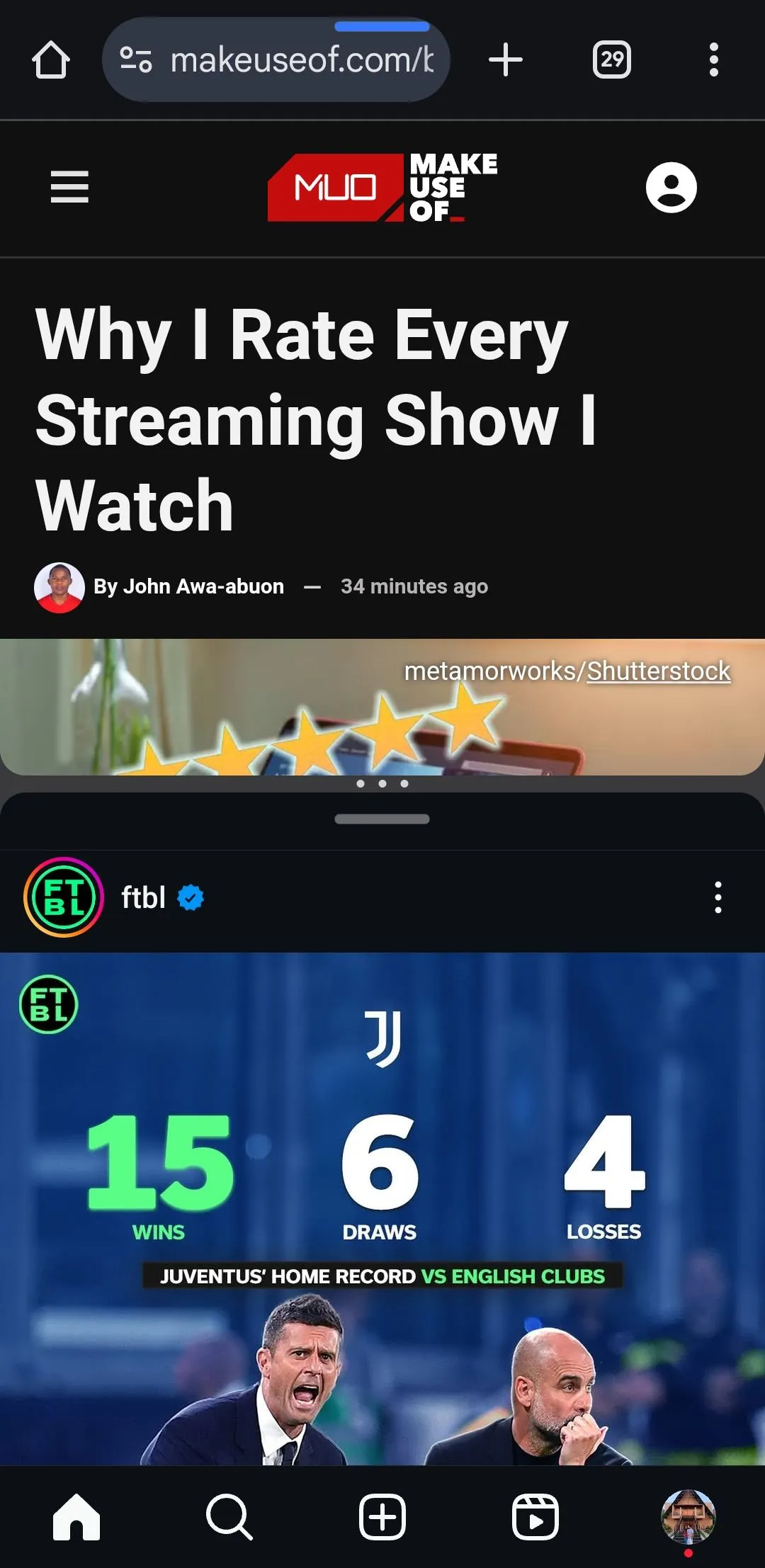 Hai ứng dụng Chrome và Instagram chạy song song trên màn hình chia đôi Android