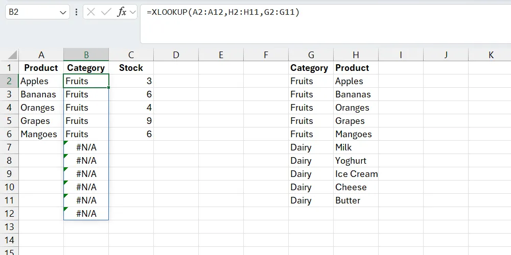 Hàm XLOOKUP trả về lỗi N/A do dữ liệu chưa được làm sạch