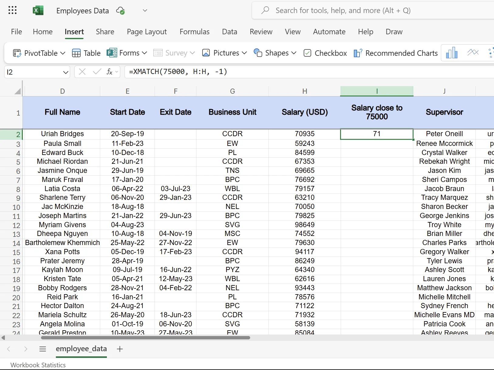 Hàm XMATCH Excel tìm vị trí mức lương xấp xỉ 75000 USD với match mode