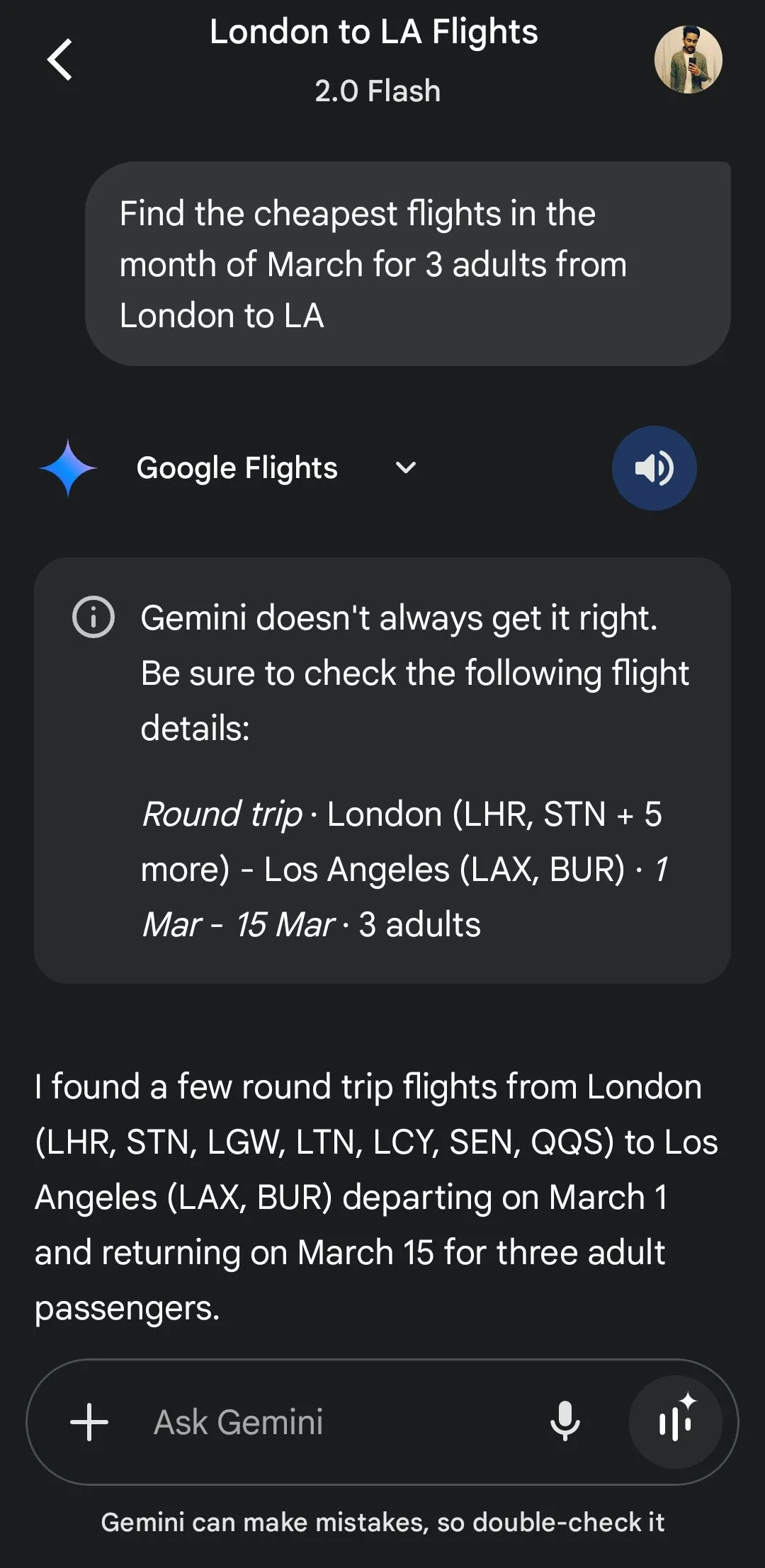 Hiển thị thông tin chuyến bay từ Google Flights thông qua Gemini Extensions
