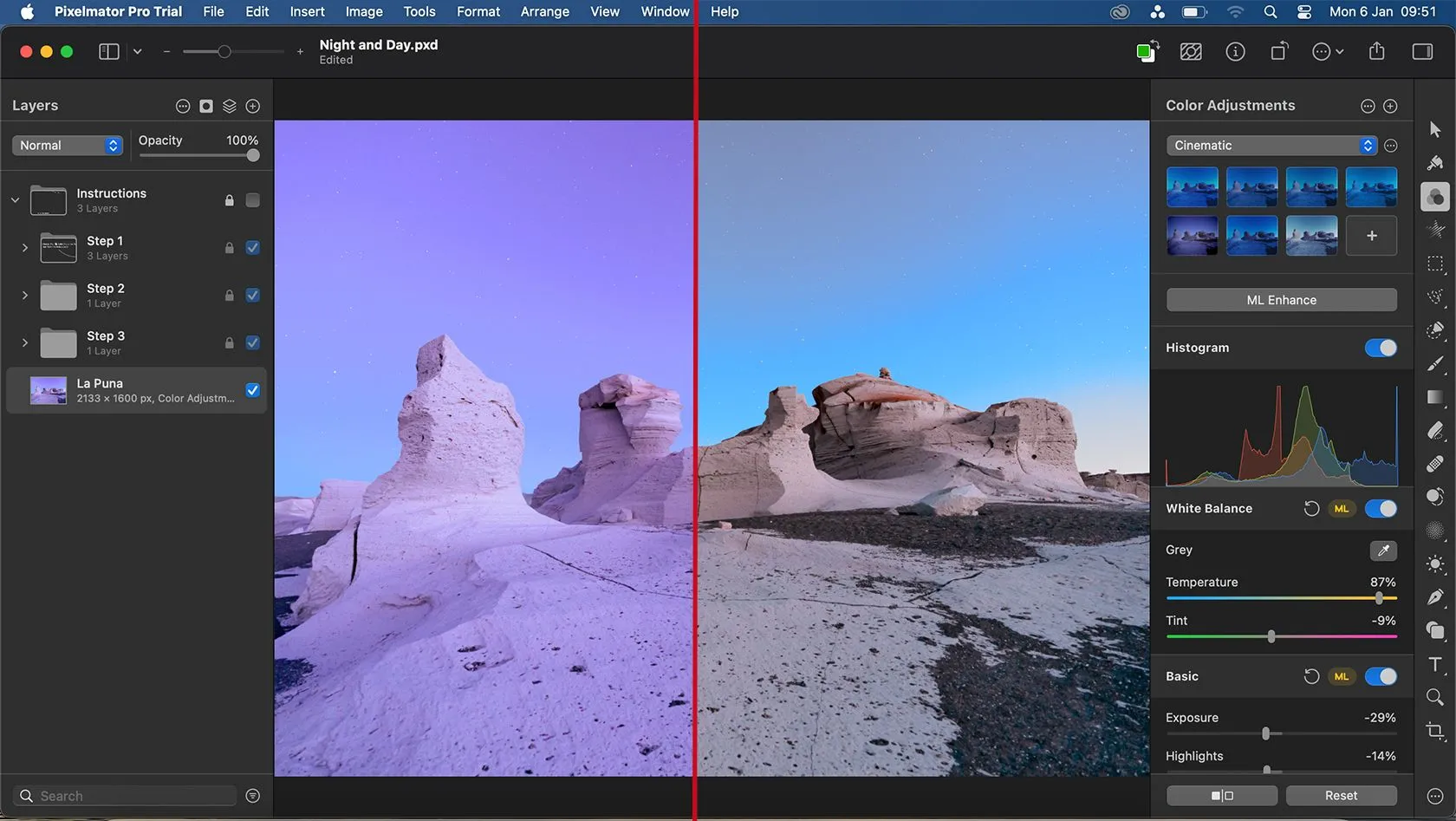 Hiệu quả của tính năng ML Enhance trong Pixelmator Pro, cho thấy sự cải thiện màu sắc ảnh.