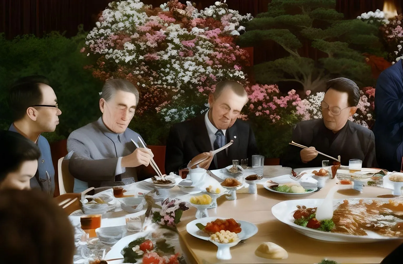 Hình ảnh AI từ Fotor tái tạo &quot;Nixon in China&quot; qua chế độ image-to-image, với chất lượng bị giảm