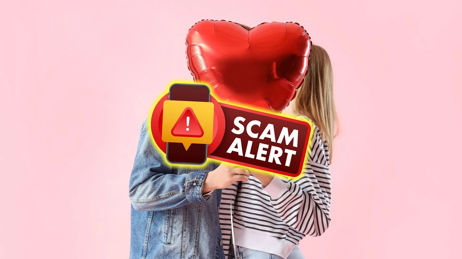 Hình ảnh ẩn dụ đôi nam nữ ẩn sau quả bóng bay có chữ 'Scam Alert' (Cảnh báo lừa đảo), minh họa nguy cơ của các vụ lừa đảo tình cảm (romance scams) được hỗ trợ bởi AI.
