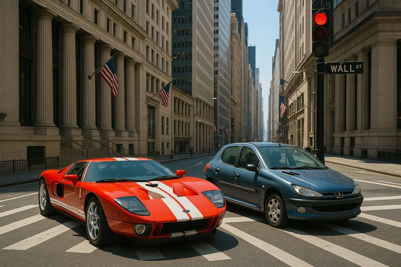 Hình ảnh chân thực của Ford GT 2006 và Peugeot 206 ở Wall Street do ChatGPT 4o tạo