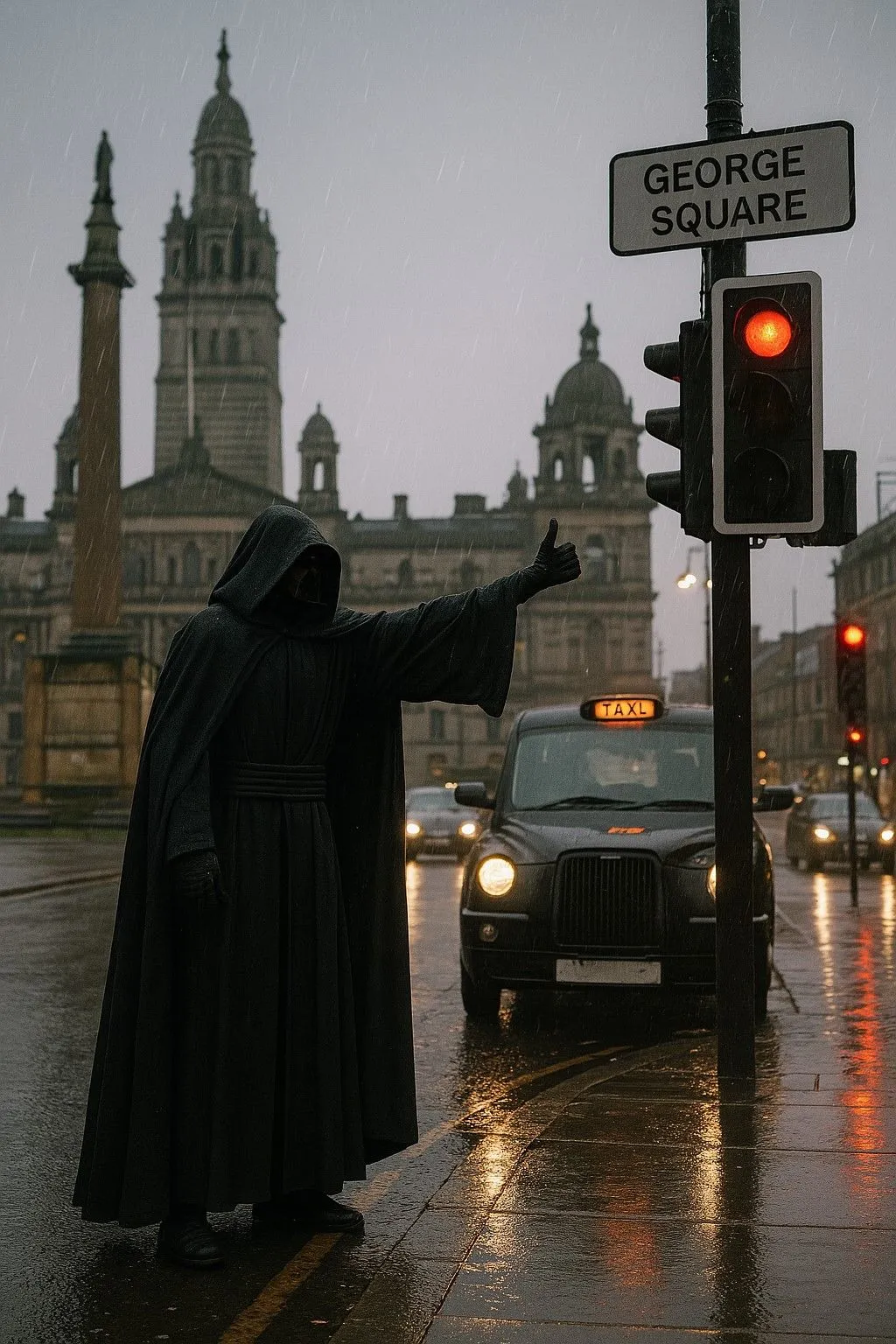 Hình ảnh chân thực của một Sith Lord trong bối cảnh mưa Glasgow do ChatGPT 4o tạo