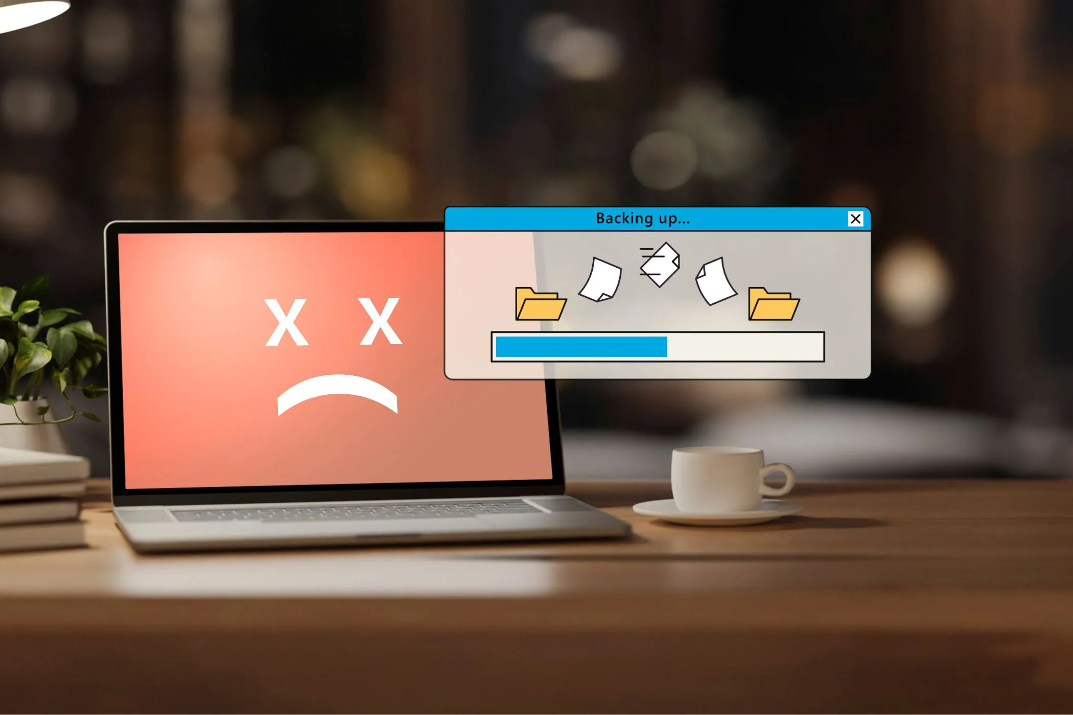Hình ảnh chiếc laptop bị hỏng màn hình với cửa sổ sao lưu dữ liệu hiển thị, nhấn mạnh tầm quan trọng của việc quản lý phiên bản sao lưu để tránh mất dữ liệu vĩnh viễn