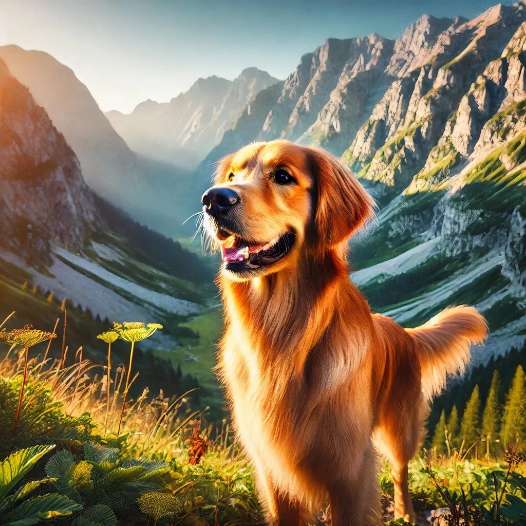 Hình ảnh chó Golden Retriever trong núi non được tạo bởi DALL-E với phong cách không hoàn toàn chân thực