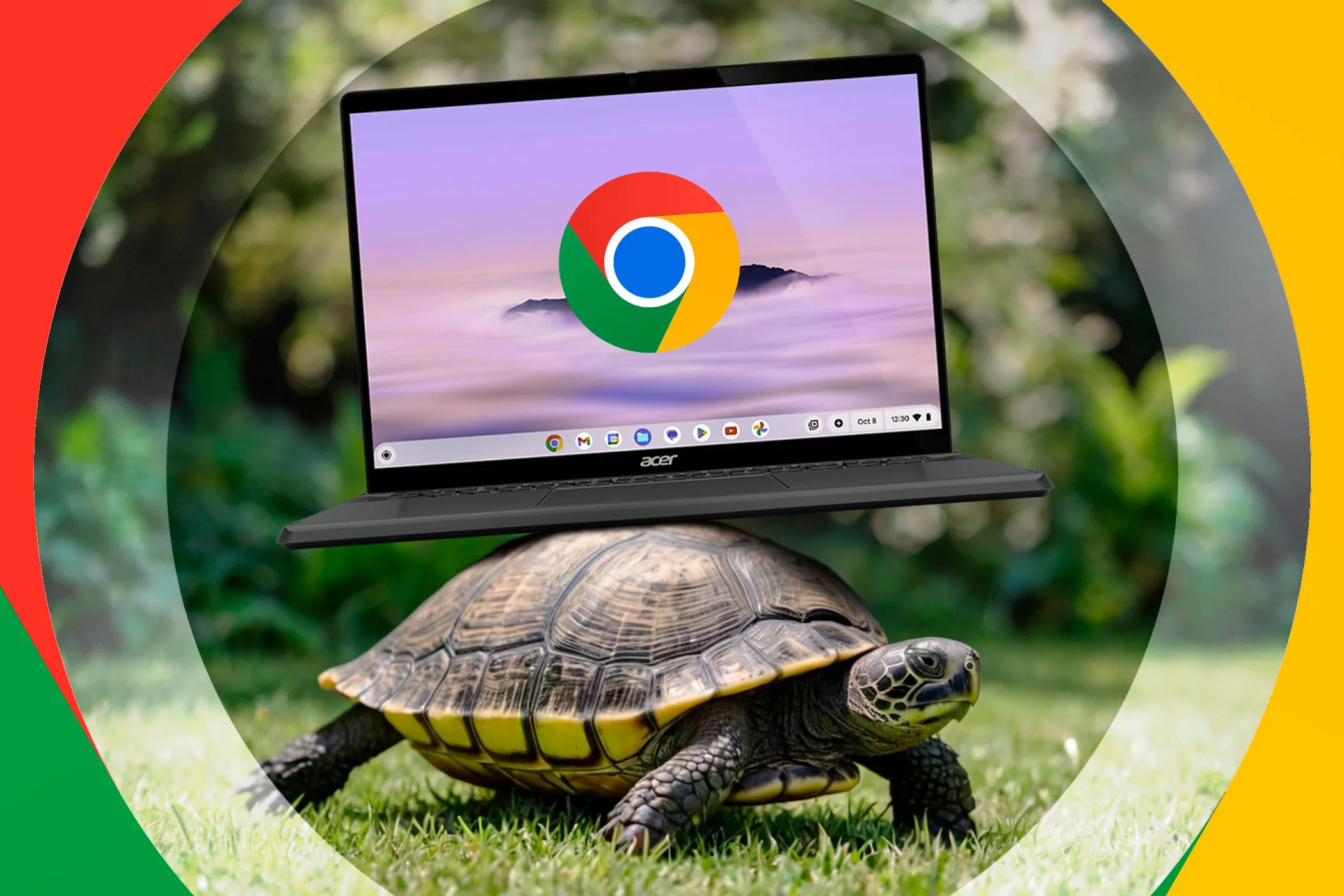 Hình ảnh chú rùa cõng chiếc Chromebook trên mai, tượng trưng cho hiệu năng chậm chạp hoặc sự hạn chế khi xử lý tác vụ nặng trên thiết bị ChromeOS.