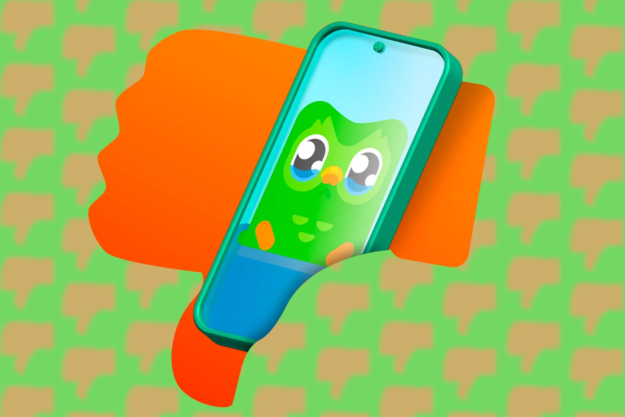 Hình ảnh điện thoại hiển thị ứng dụng Duolingo kèm biểu tượng ngón tay cái hướng xuống, cảnh báo về vấn đề bảo mật dữ liệu cá nhân.