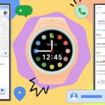 Hình ảnh đồ họa tính năng Galaxy Watch cho trẻ em với điện thoại Galaxy, biểu tượng định vị và danh bạ