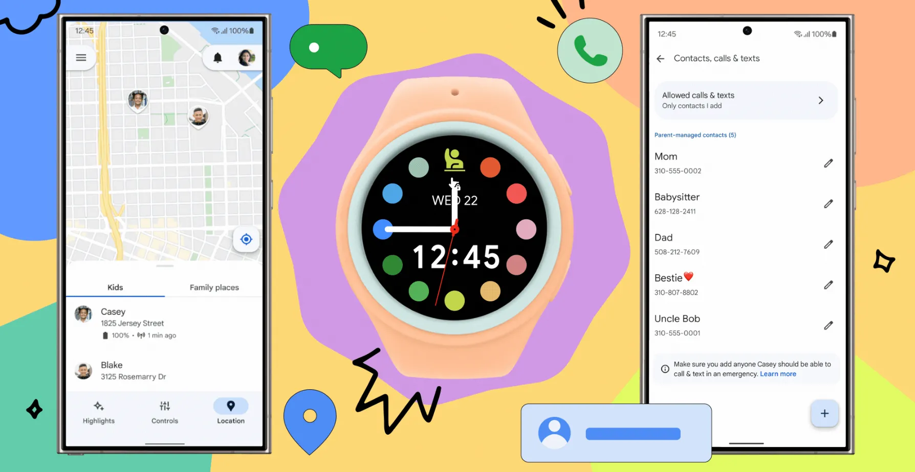 Hình ảnh đồ họa tính năng Galaxy Watch cho trẻ em với điện thoại Galaxy, biểu tượng định vị và danh bạ
