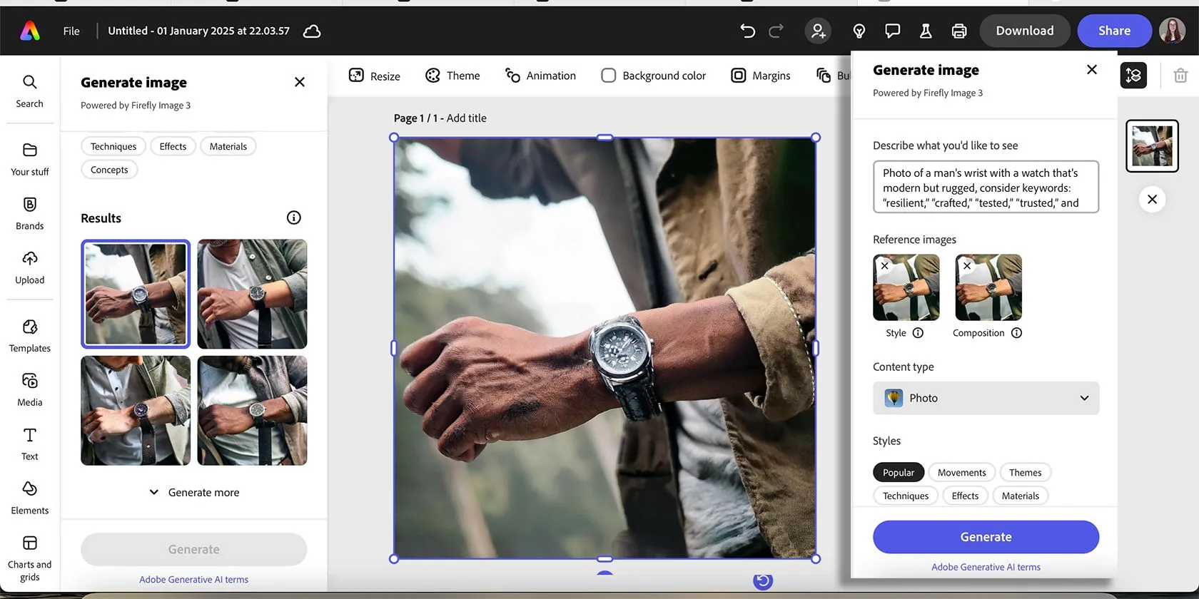 Hình ảnh đồng hồ đeo tay phong cách sống được tạo từ Adobe Express AI Image Generator, minh họa các vấn đề thường gặp với bàn tay trong ảnh AI.