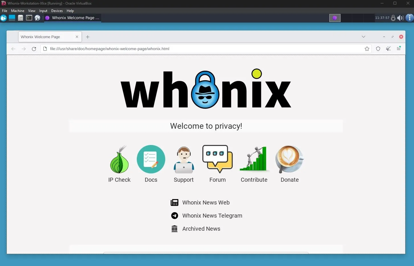Hình ảnh giao diện trình duyệt web mặc định trên Whonix Workstation, minh họa môi trường làm việc ẩn danh qua mạng Tor.