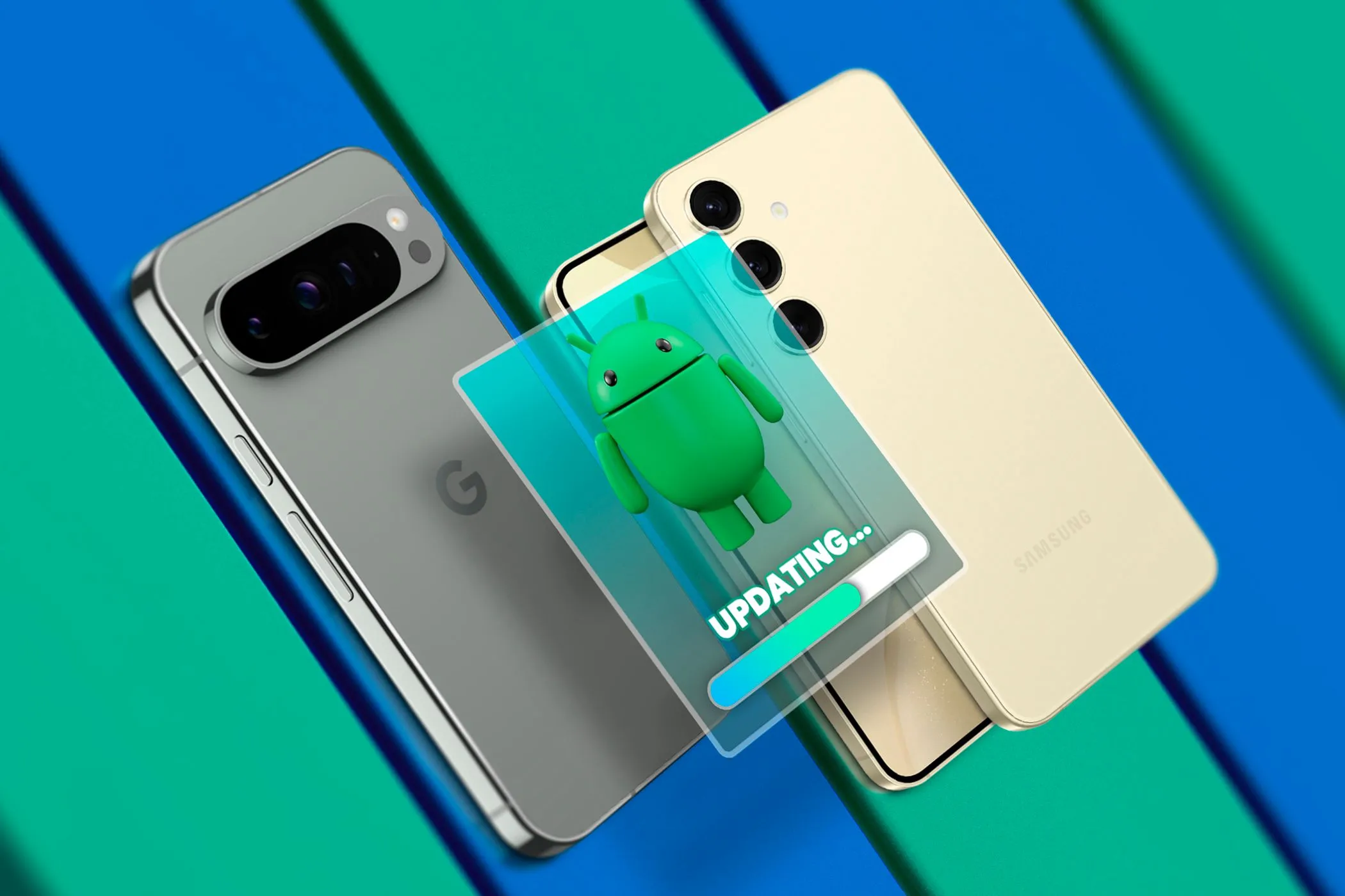 Hình ảnh Google Pixel và Samsung Galaxy minh họa việc cập nhật phần mềm Android giúp bảo mật thiết bị và ứng dụng quản lý mật khẩu