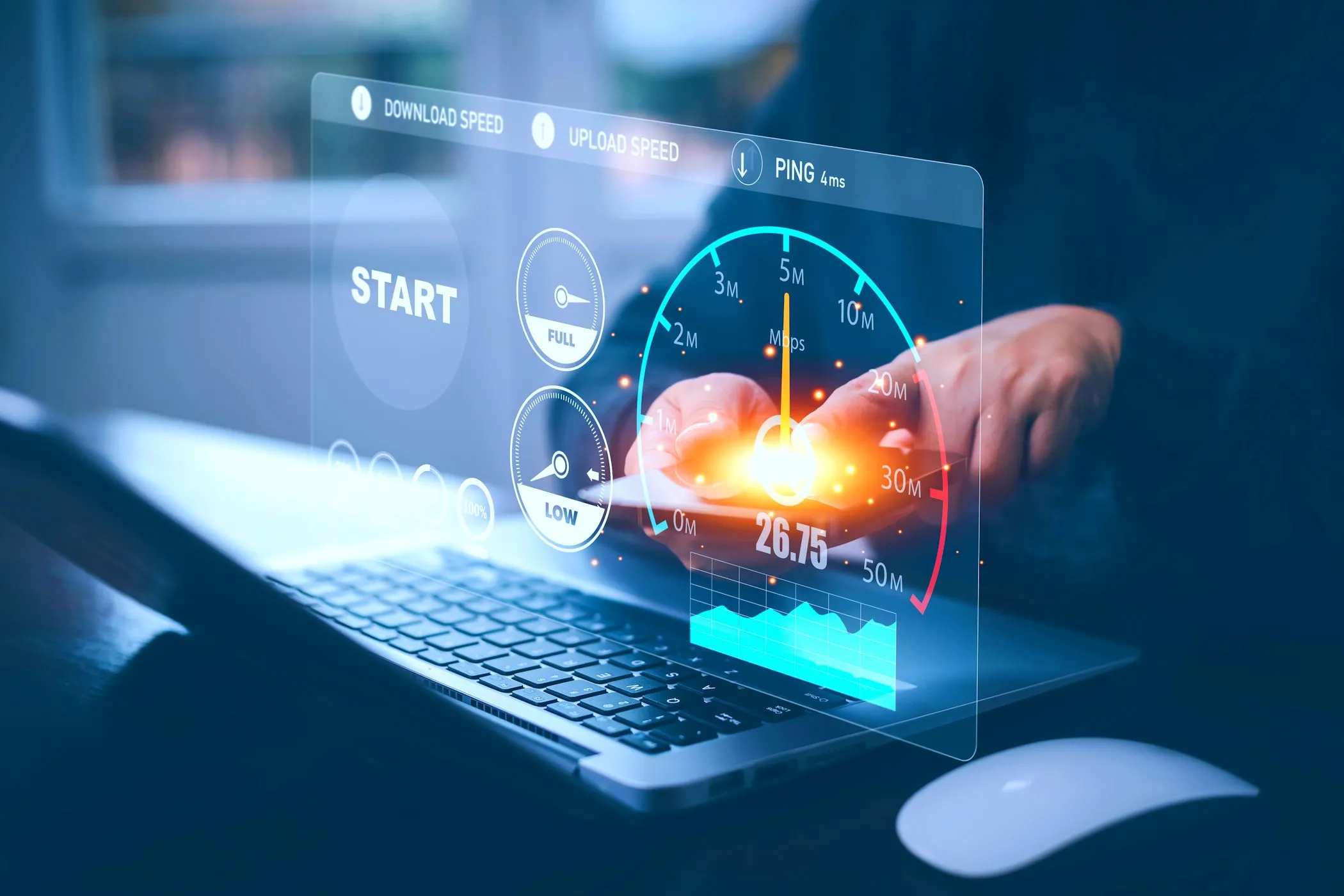Hình ảnh laptop hiển thị kết quả kiểm tra tốc độ internet băng thông rộng, minh họa sự biến động tốc độ kết nối khi sử dụng Wi-Fi 5G.