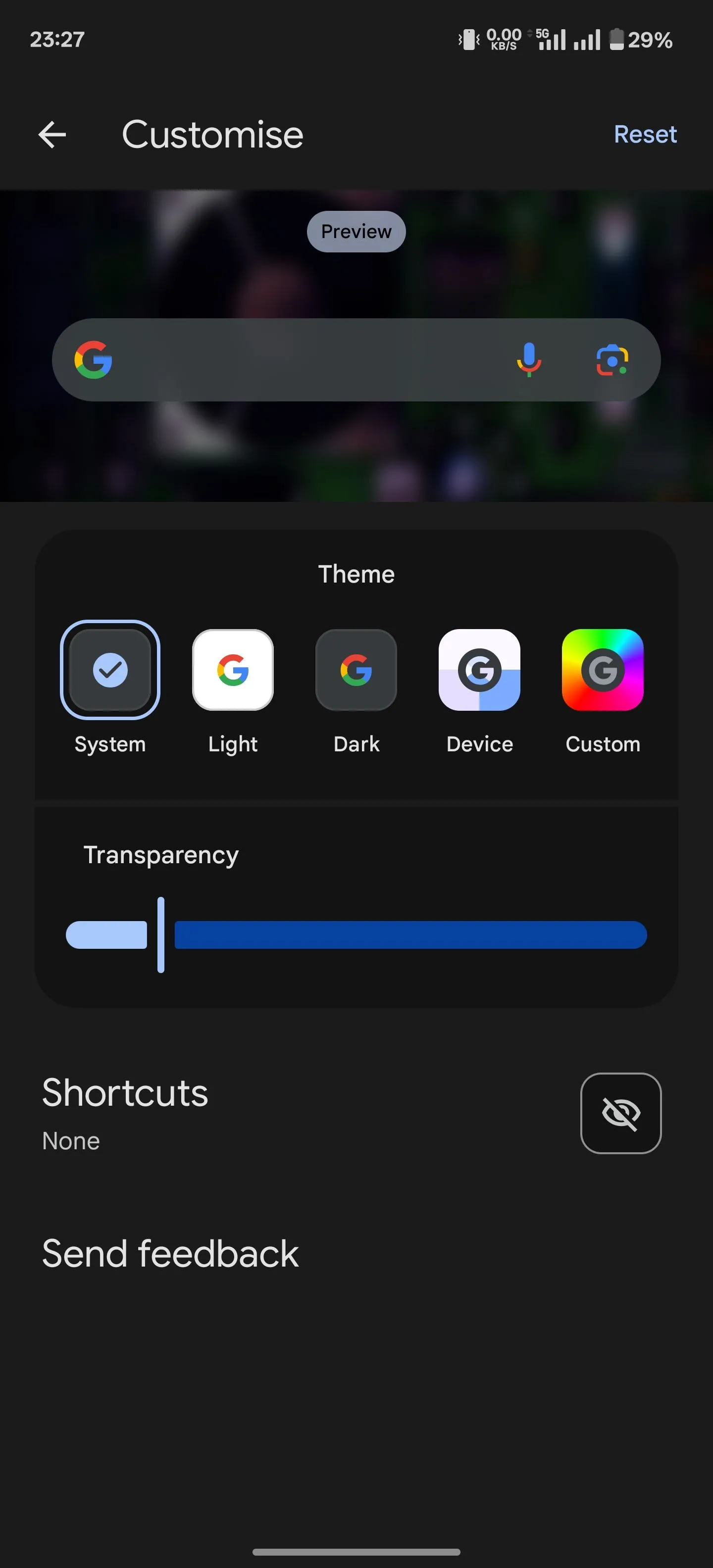 Hình ảnh màn hình tùy chỉnh phím tắt widget tìm kiếm Google trong cài đặt ứng dụng Google.