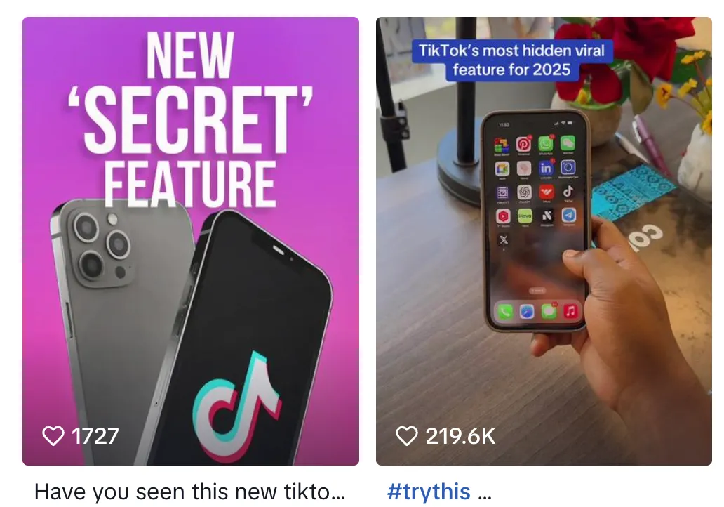 Hình ảnh minh họa các video lừa đảo trên TikTok quảng cáo ứng dụng bí mật để truy cập tính năng ẩn.