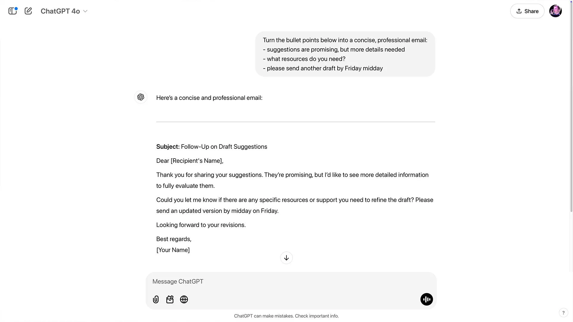 Hình ảnh minh họa ChatGPT chuyển ý tưởng gạch đầu dòng thành email hoàn chỉnh, tối ưu hóa quá trình soạn thảo