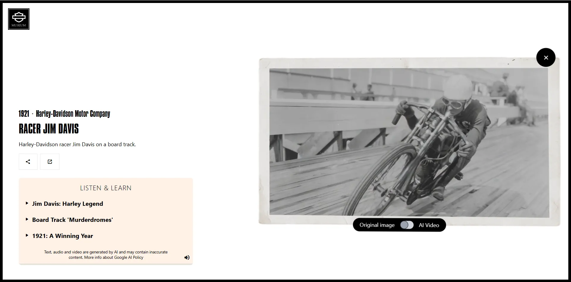 Hình ảnh minh họa dự án Moving Archives của Google Arts & Culture hợp tác với Bảo tàng Harley-Davidson, ứng dụng AI để biến ảnh tư liệu thành hoạt ảnh sống động