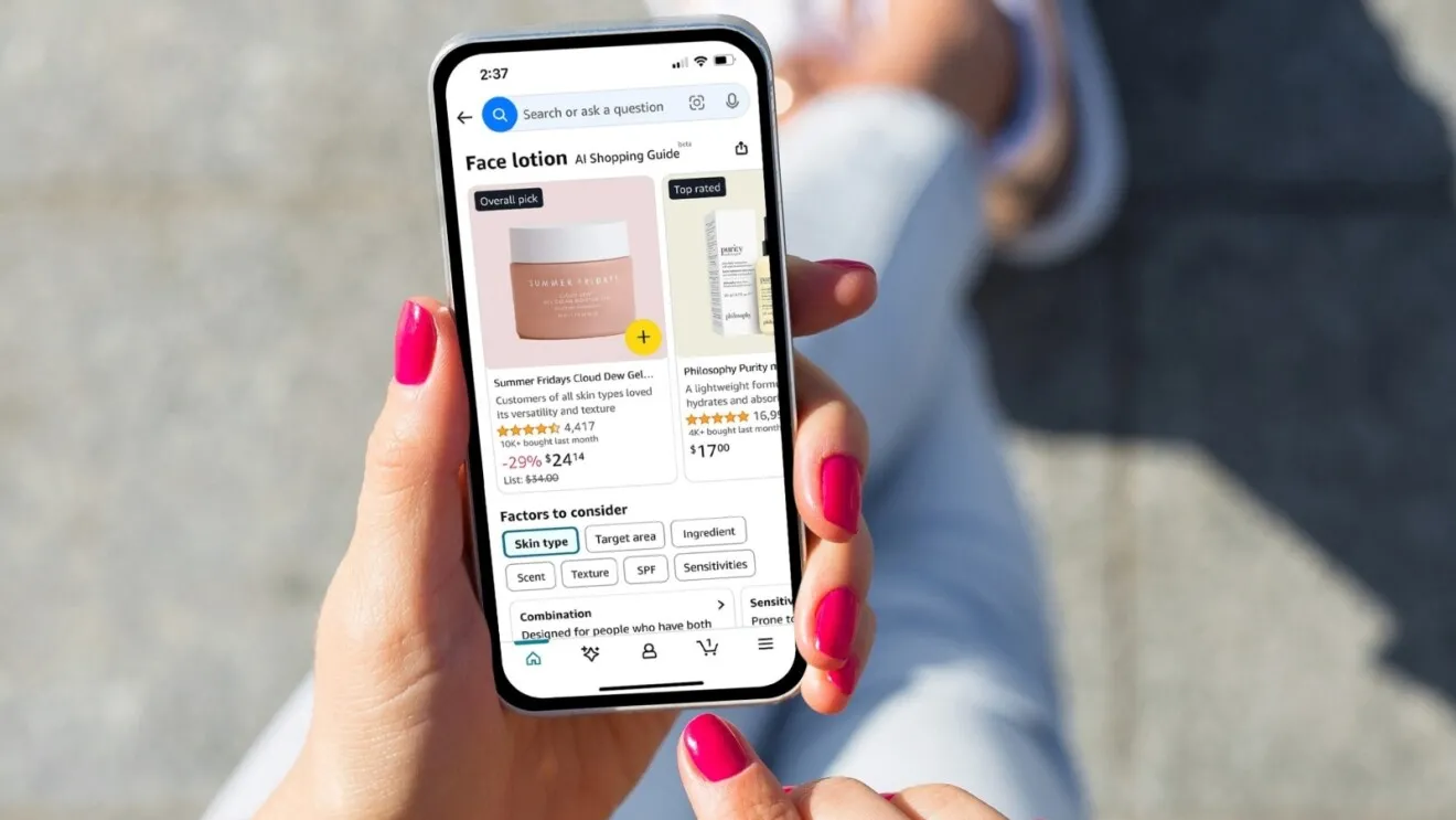 Hình ảnh minh họa giao diện ứng dụng Amazon với tính năng Hướng dẫn Mua sắm (Shopping Guide) giúp người dùng tìm kiếm sản phẩm và deal Prime Day hiệu quả