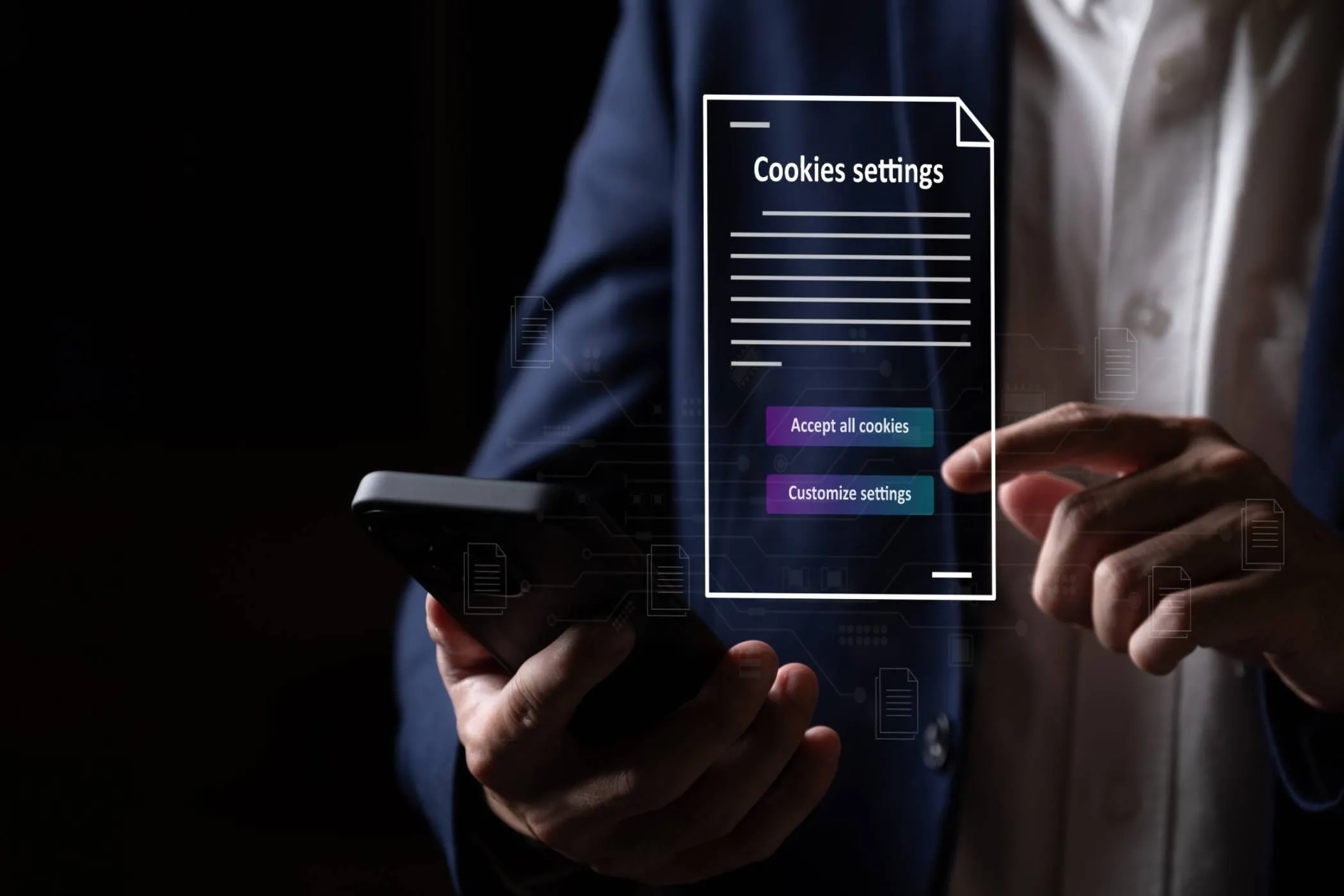 Hình ảnh minh họa một người dùng Android đang cầm điện thoại, trên màn hình hiển thị các tùy chọn quản lý cookie hoặc chấp thuận điều khoản bảo mật, nhấn mạnh vấn đề theo dõi trực tuyến ngay cả khi đã cố gắng từ chối cookie.