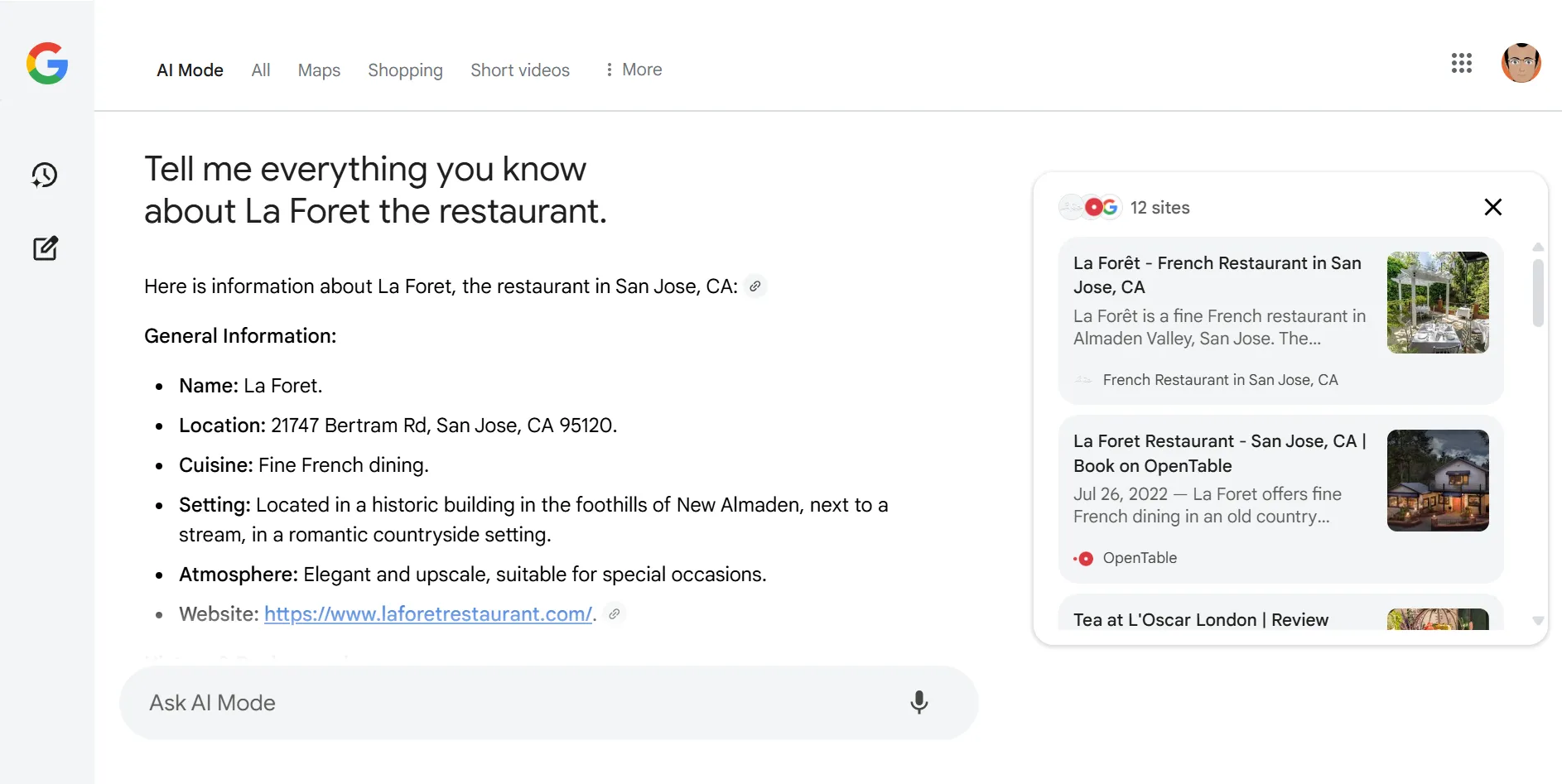 Hình ảnh minh họa tìm kiếm với chế độ AI Mode trên Google Search, hiển thị câu trả lời AI chính và các liên kết bên phải