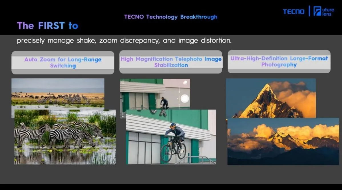 Hình ảnh minh họa tính năng Tap Any Zoom Dual Prism Telephoto của Tecno, cho phép zoom kỹ thuật số 30x với độ nét cao.