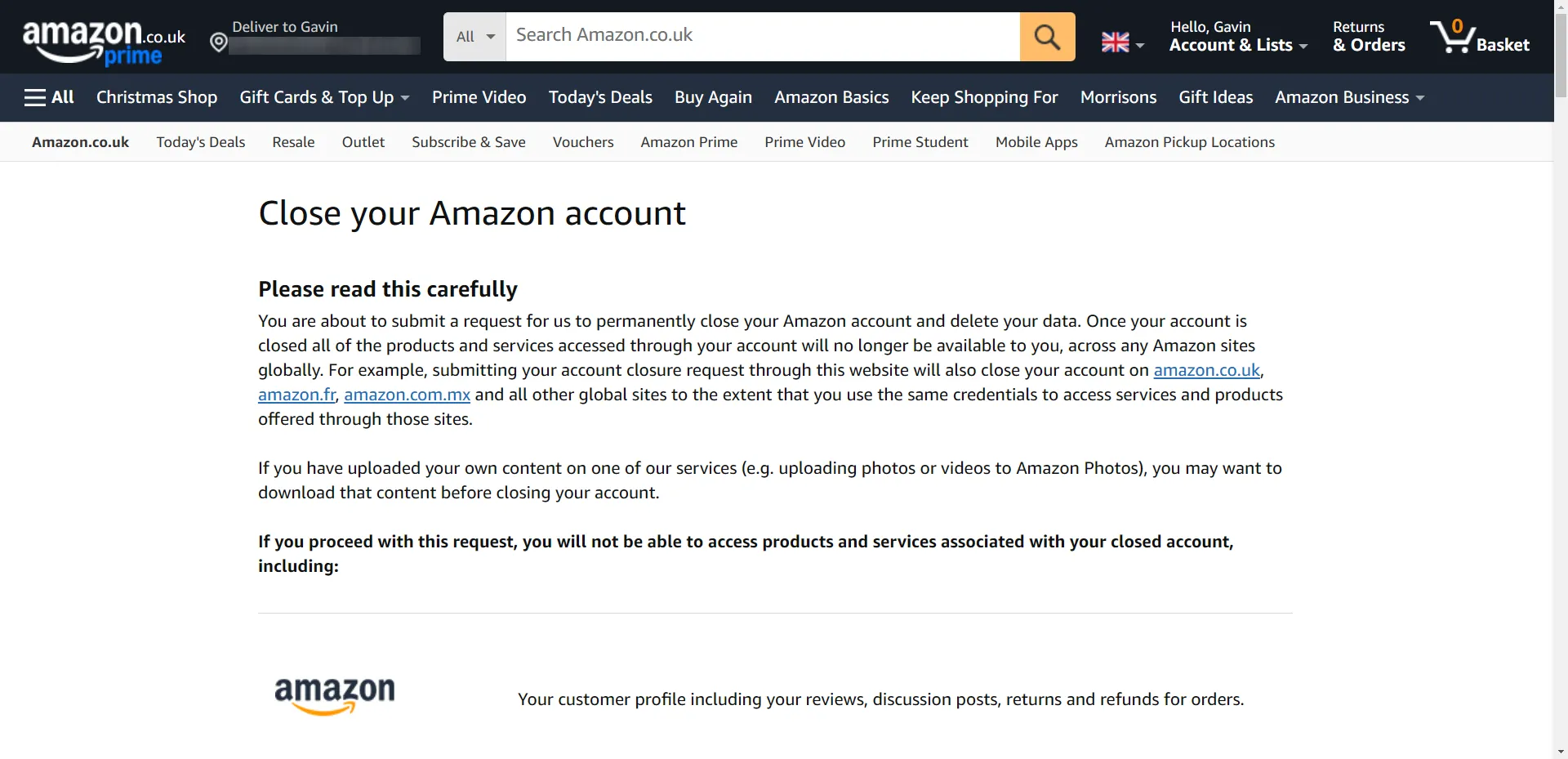 Hình ảnh minh họa trang đóng tài khoản Amazon, cho thấy khả năng hủy liên kết email khi cần thiết để bảo vệ thông tin cá nhân khỏi rò rỉ dữ liệu.