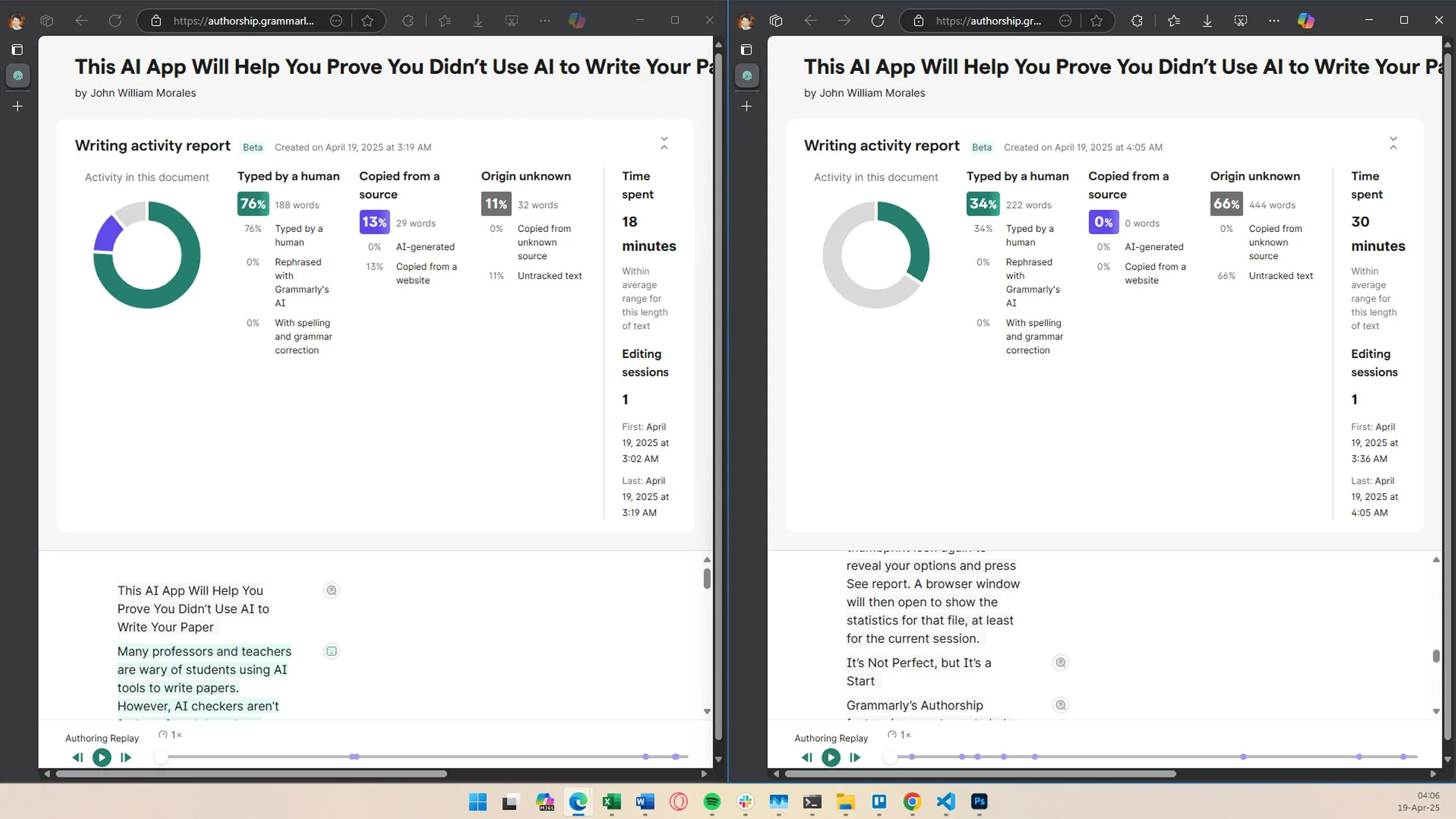 Hình ảnh minh họa việc mất dữ liệu theo dõi trên Grammarly Authorship khi người dùng khởi động lại tài liệu, đánh dấu các phần văn bản cũ là 'Origin unknown'