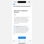 Hình ảnh một email lừa đảo giả mạo yêu cầu người dùng đặt lại mật khẩu chính của tài khoản 1Password, với nút 'Reset Master Password' màu xanh nổi bật