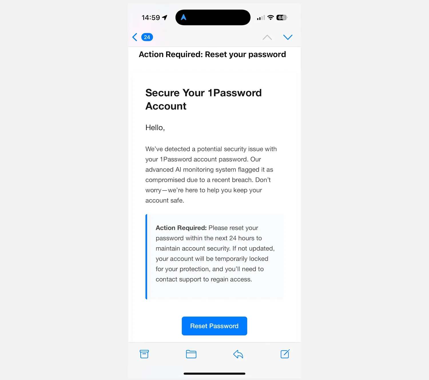 Hình ảnh một email lừa đảo giả mạo yêu cầu người dùng đặt lại mật khẩu chính của tài khoản 1Password, với nút 'Reset Master Password' màu xanh nổi bật