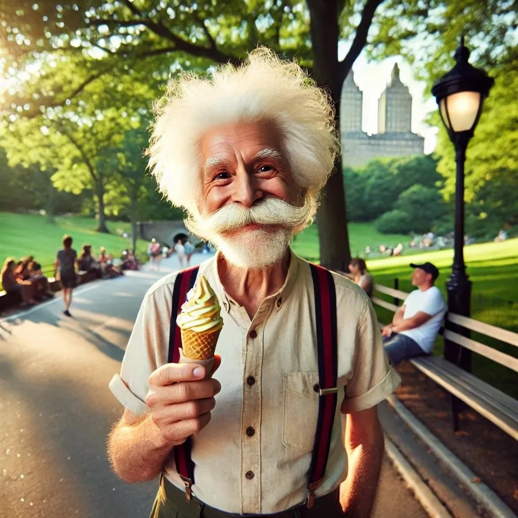 Hình ảnh một người đàn ông giống Einstein đang ăn kem tại công viên Central Park, được tạo bởi DALL-E 3.