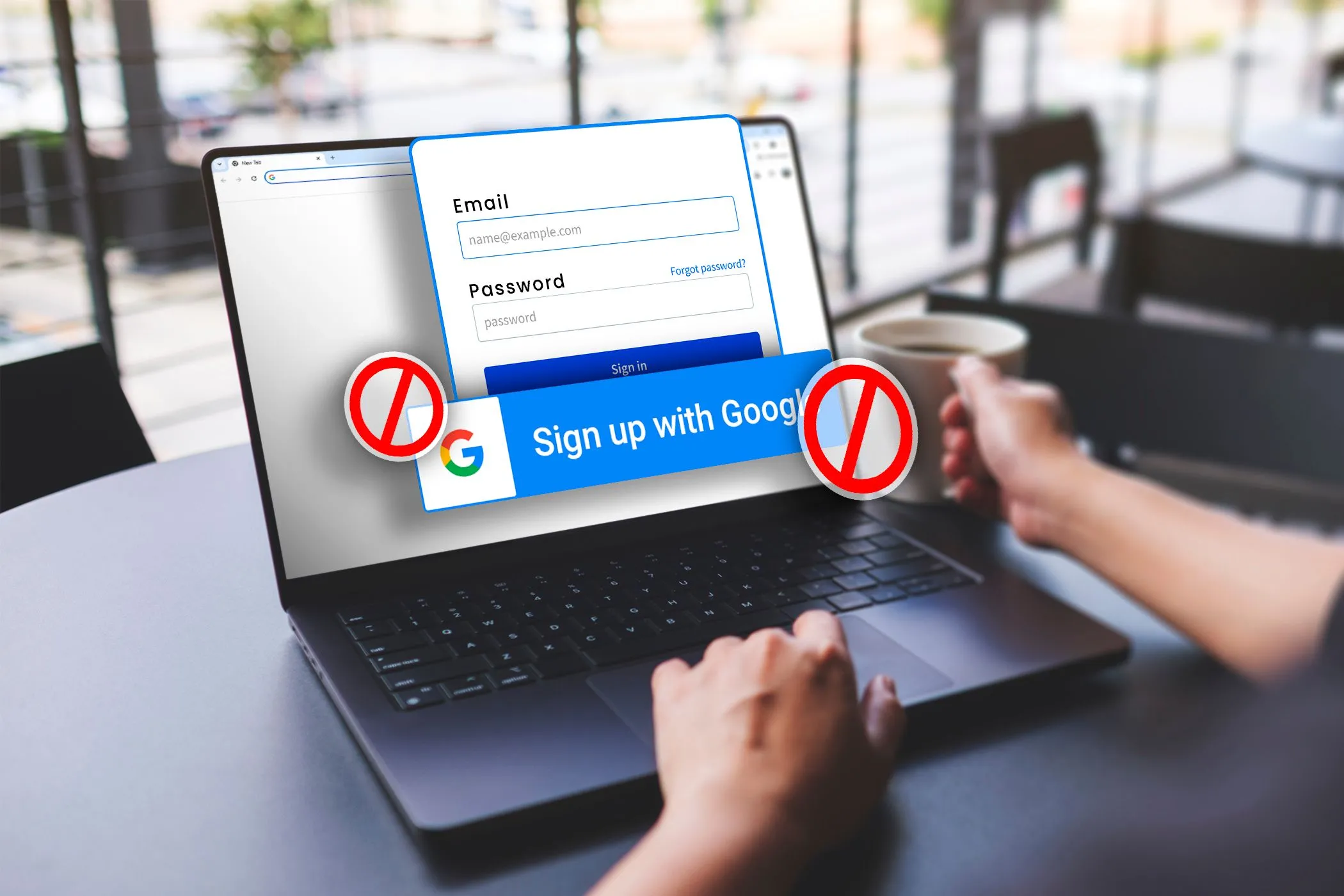 Hình ảnh một người dùng laptop với cửa sổ đăng nhập, biểu tượng &quot;Đăng ký bằng Google&quot; bị gạch chéo, nhấn mạnh việc tạo tài khoản ẩn danh mà không dùng thông tin cá nhân.