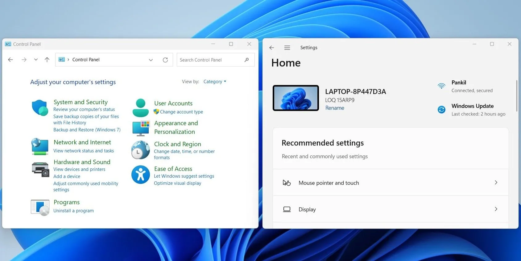 Hình ảnh so sánh giao diện Control Panel truyền thống và ứng dụng Settings hiện đại trên Windows 11, minh họa sự phân mảnh cài đặt.