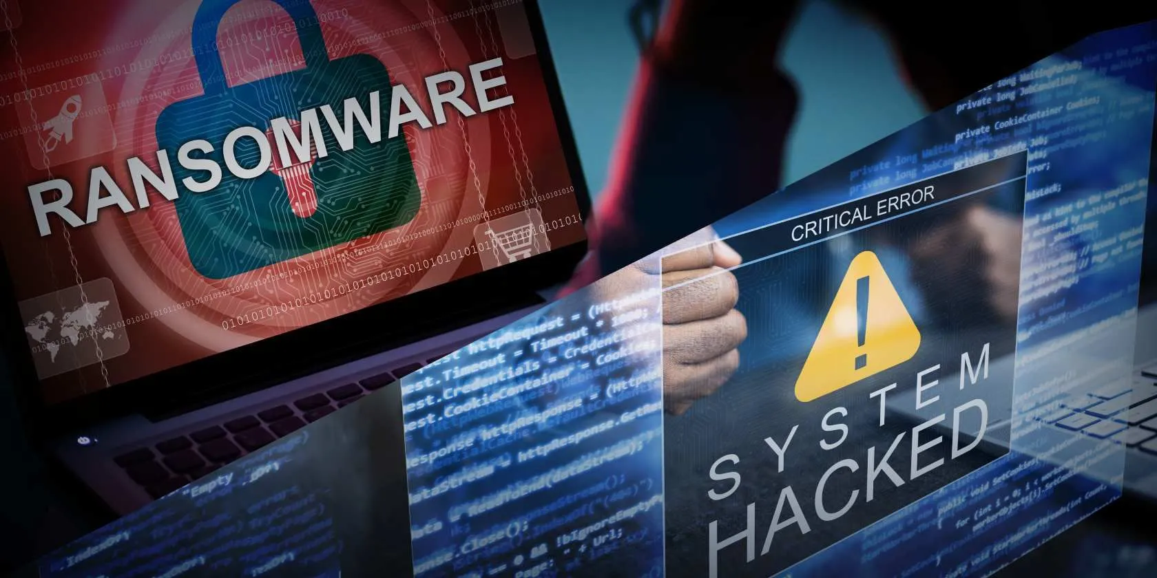 Hình ảnh so sánh tấn công hệ thống với mã độc tống tiền (ransomware), thể hiện rủi ro an ninh mạng trên Dark Web