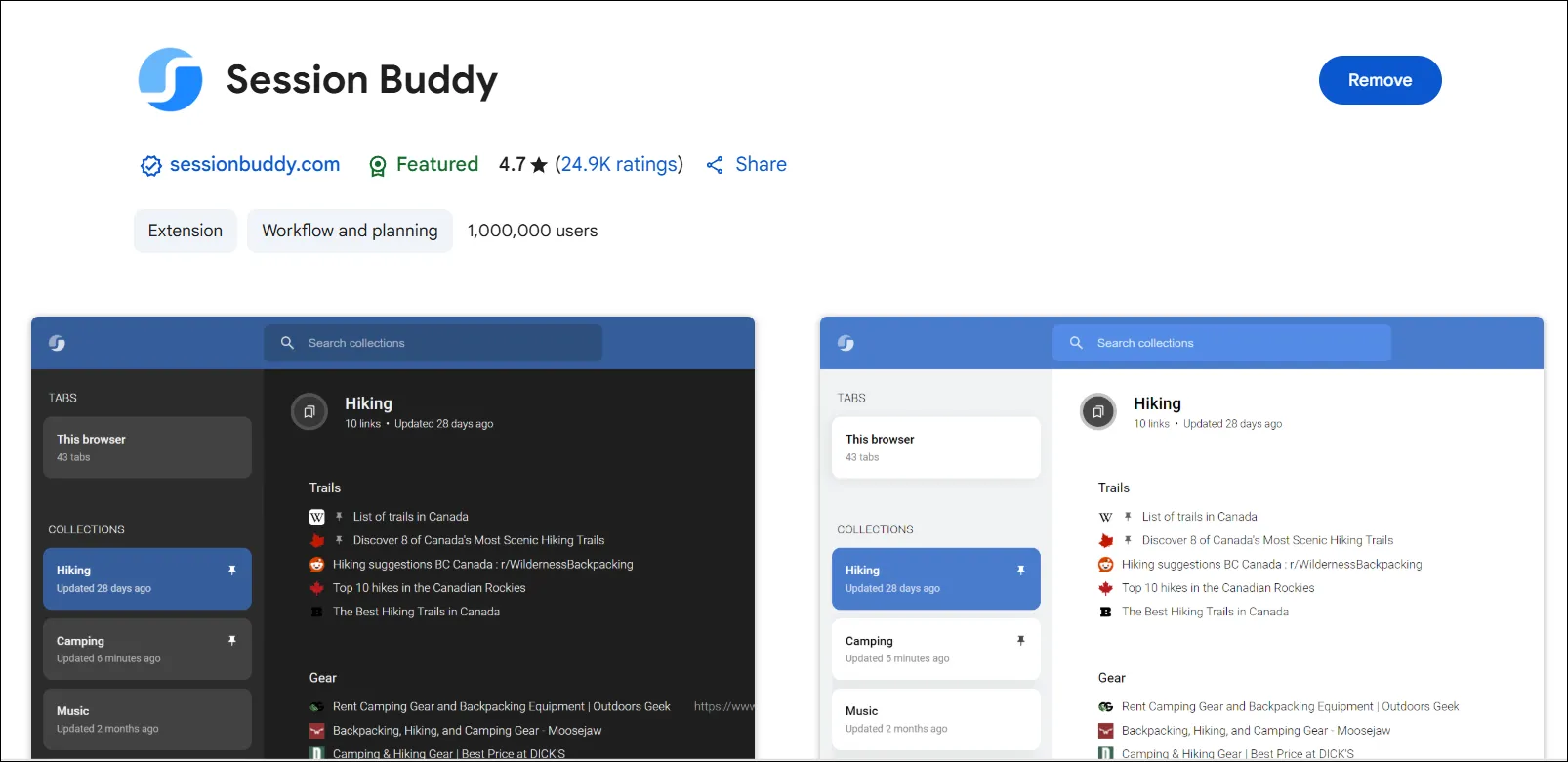Hình ảnh tiện ích mở rộng Session Buddy trên trình duyệt Google Chrome, giúp người dùng quản lý và lưu trữ các tab đang mở hiệu quả.