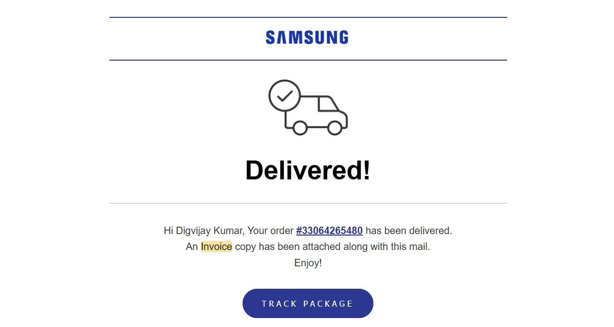 Hóa đơn xác nhận đơn hàng từ Samsung có số IMEI