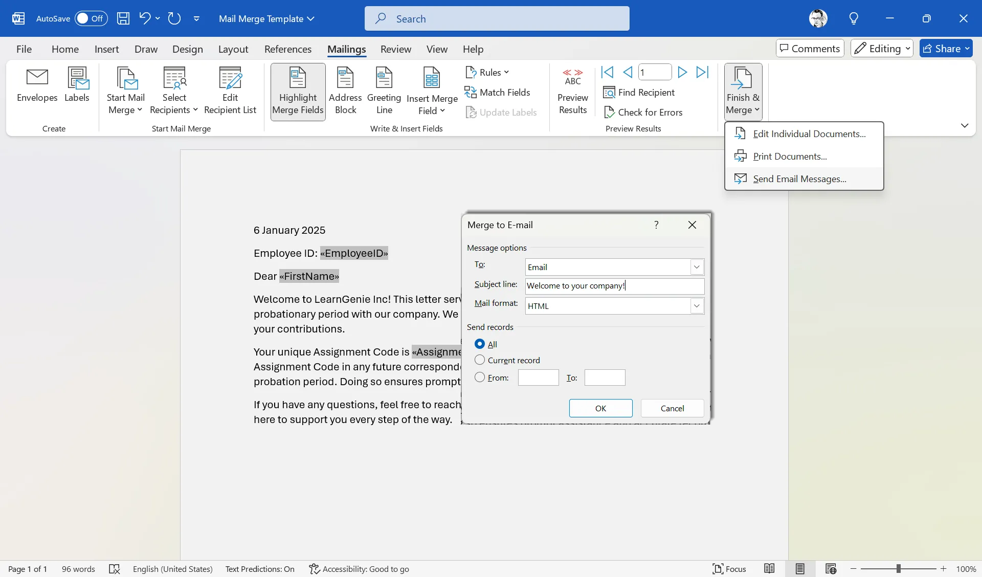 Hoàn tất quá trình Mail Merge và gửi email qua Outlook từ Word