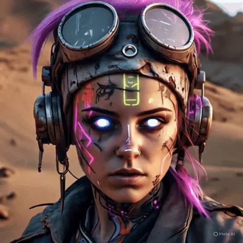 Hoạt ảnh GIF của người phụ nữ cyberpunk với camera lia chậm, tạo cảm giác hùng vĩ và cá tính mạnh mẽ.
