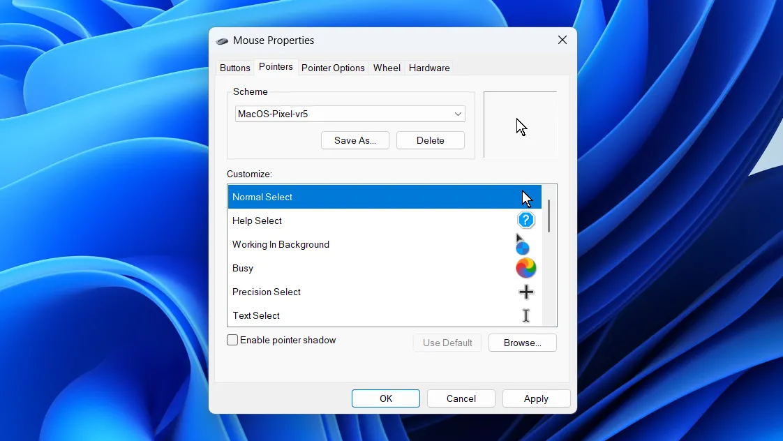 Hộp thoại cài đặt con trỏ chuột trong Windows 11, hiển thị các tùy chọn cấu hình