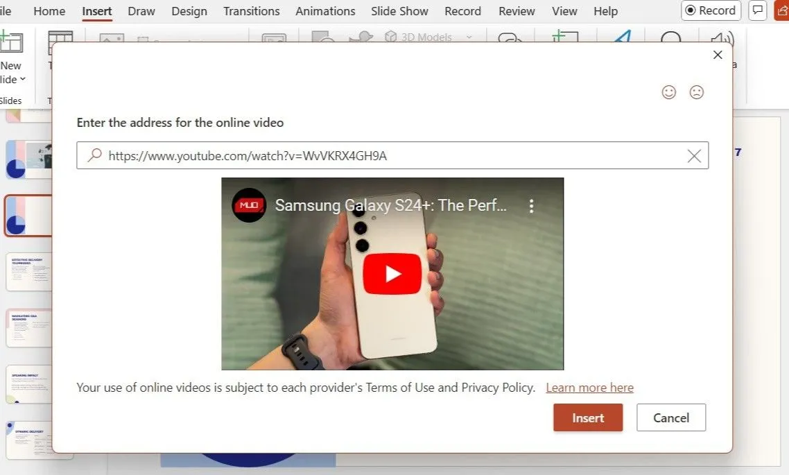 Hộp thoại chèn video online trong PowerPoint, minh họa cách dán URL video YouTube để nhúng