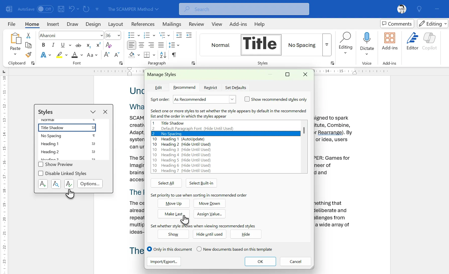 Hộp thoại Manage Styles trong Microsoft Word, tab Recommend, cho phép sắp xếp lại thứ tự hiển thị của các style trong Styles Gallery