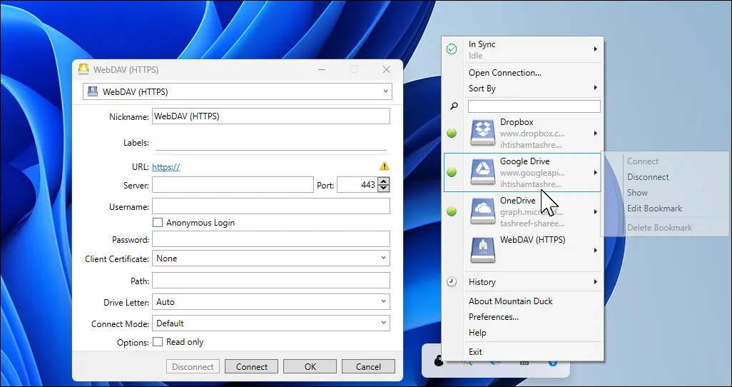 Hộp thoại mở kết nối Mountain Duck trên Windows 11, hiển thị các tùy chọn cấu hình dịch vụ đám mây