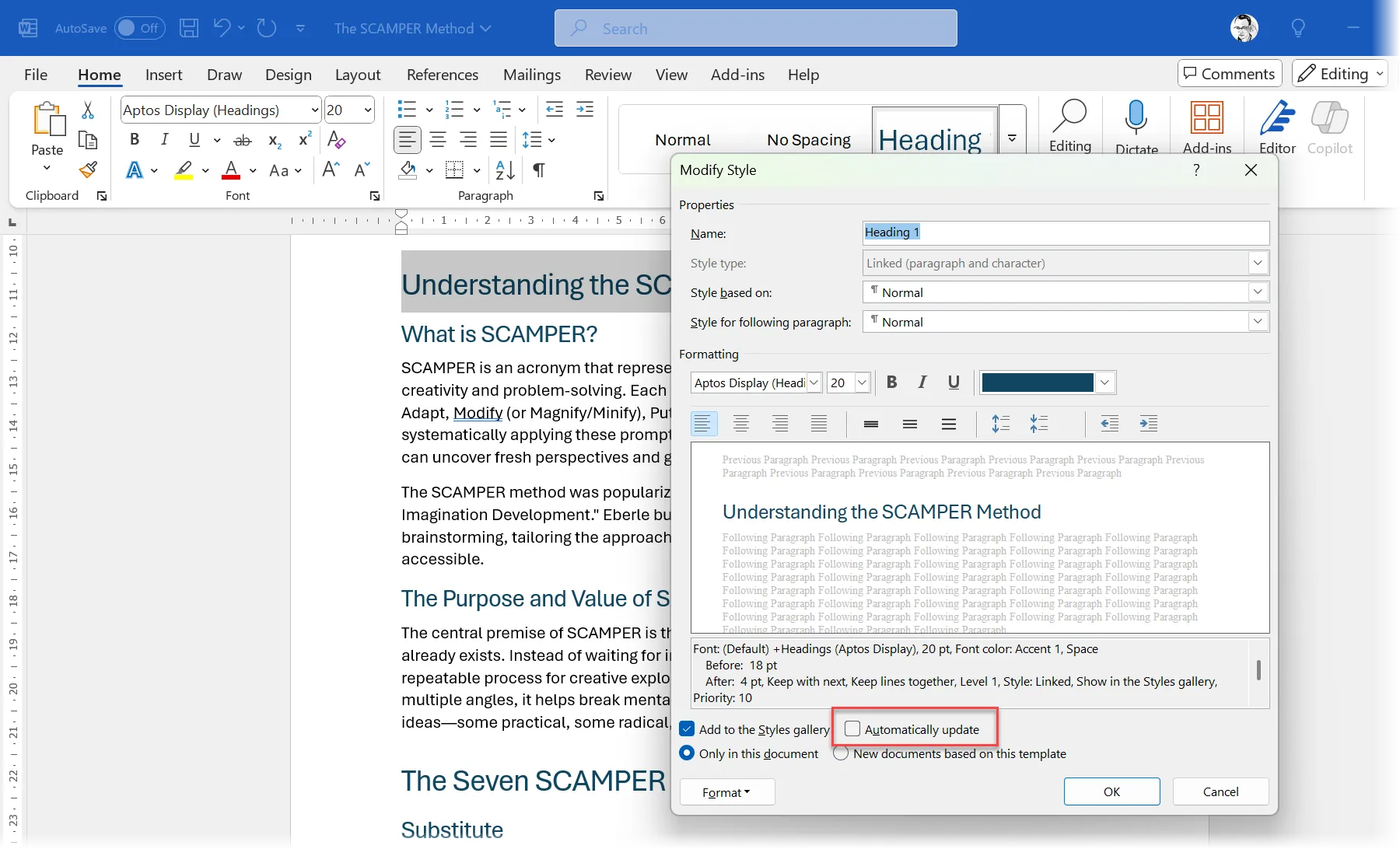 Hộp thoại Modify Style trong Microsoft Word với tùy chọn &quot;Automatically update&quot; được bỏ chọn để tránh thay đổi định dạng không mong muốn